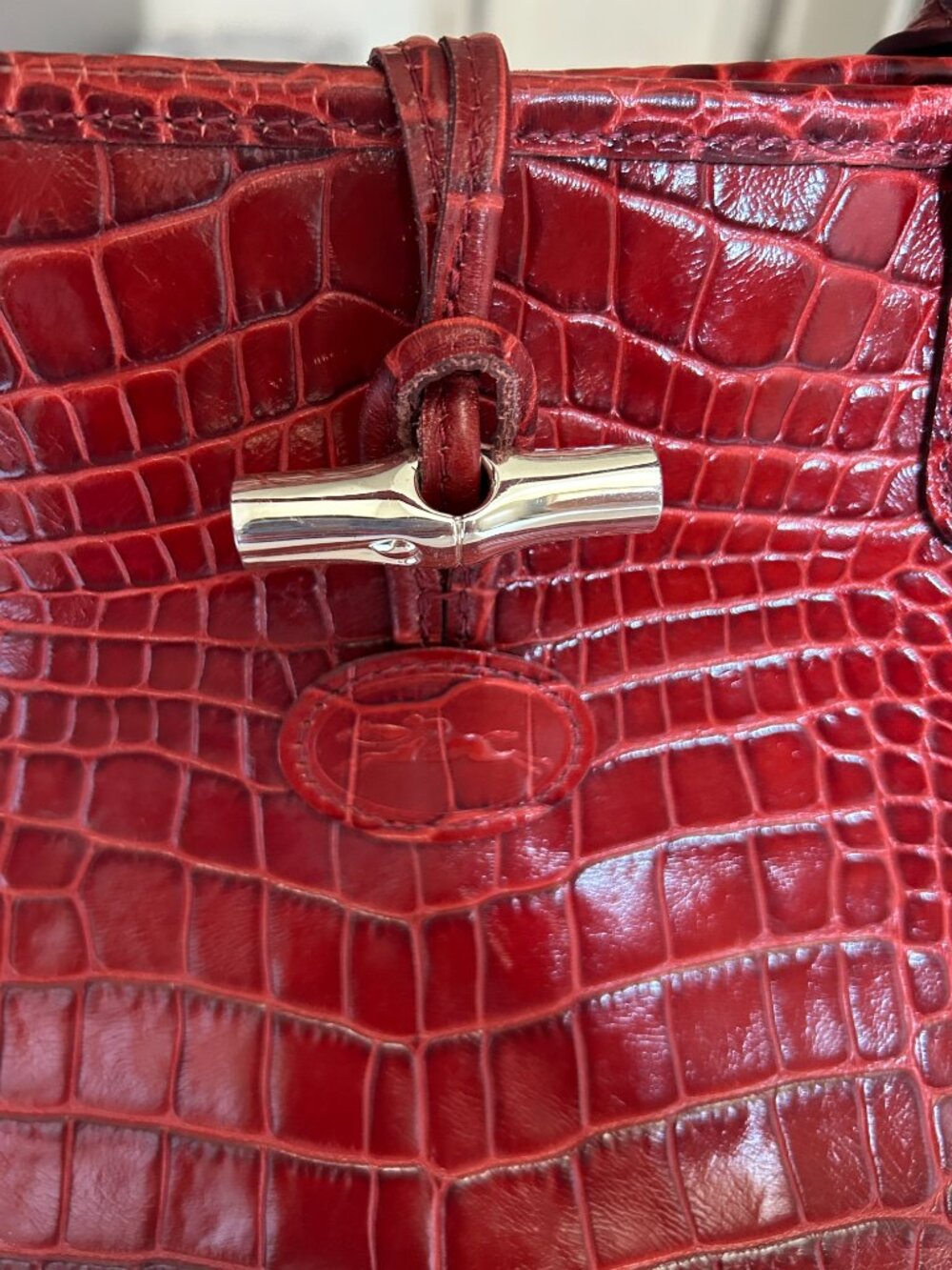 NWOT Longchamp Le Roseau Red Croc Embossed Medium Bag - Picture 4 of 7